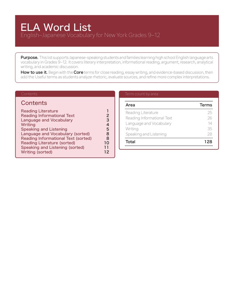 ELA English-Japanese NY Grade 9–12 Booklet cover